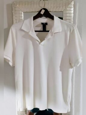 H&M Men's White Polo Shirt Slim Short Sleeve Collared Large Size